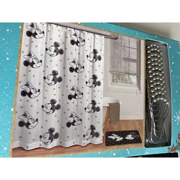 DISNEY MICKEY MINNIE MOUSE CHRISTMAS Holiday Shower Curtain Bath Mat Set 14 Pc - Picture 3 of 9